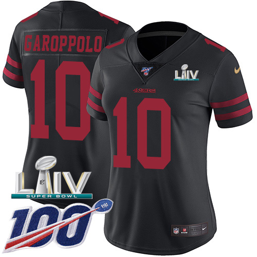 San Francisco 49ers Nike #10 Jimmy Garoppolo Black Super Bowl LIV 2020 Alternate Women Stitched NFL 100th Season Vapor Limited Jersey->women nfl jersey->Women Jersey